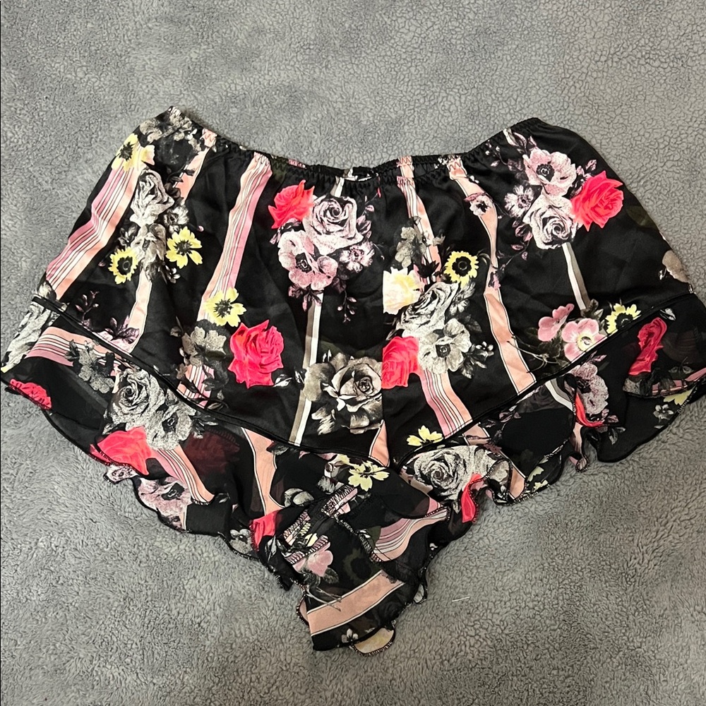 Victoria's Secret Black Satin Floral Ruffle Sleep Shorts